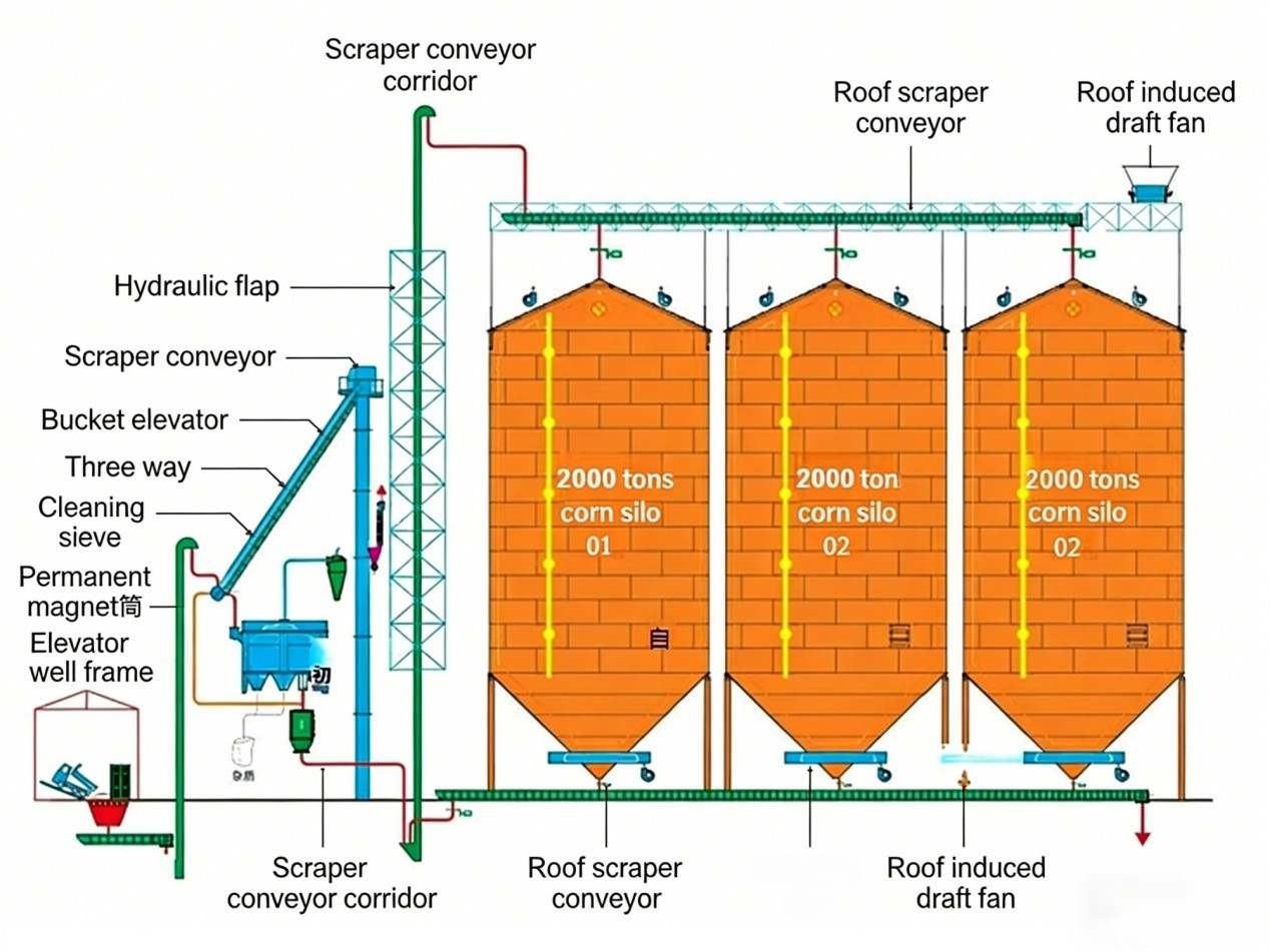 Process flow diagram of three 2000-ton corn steel silos
